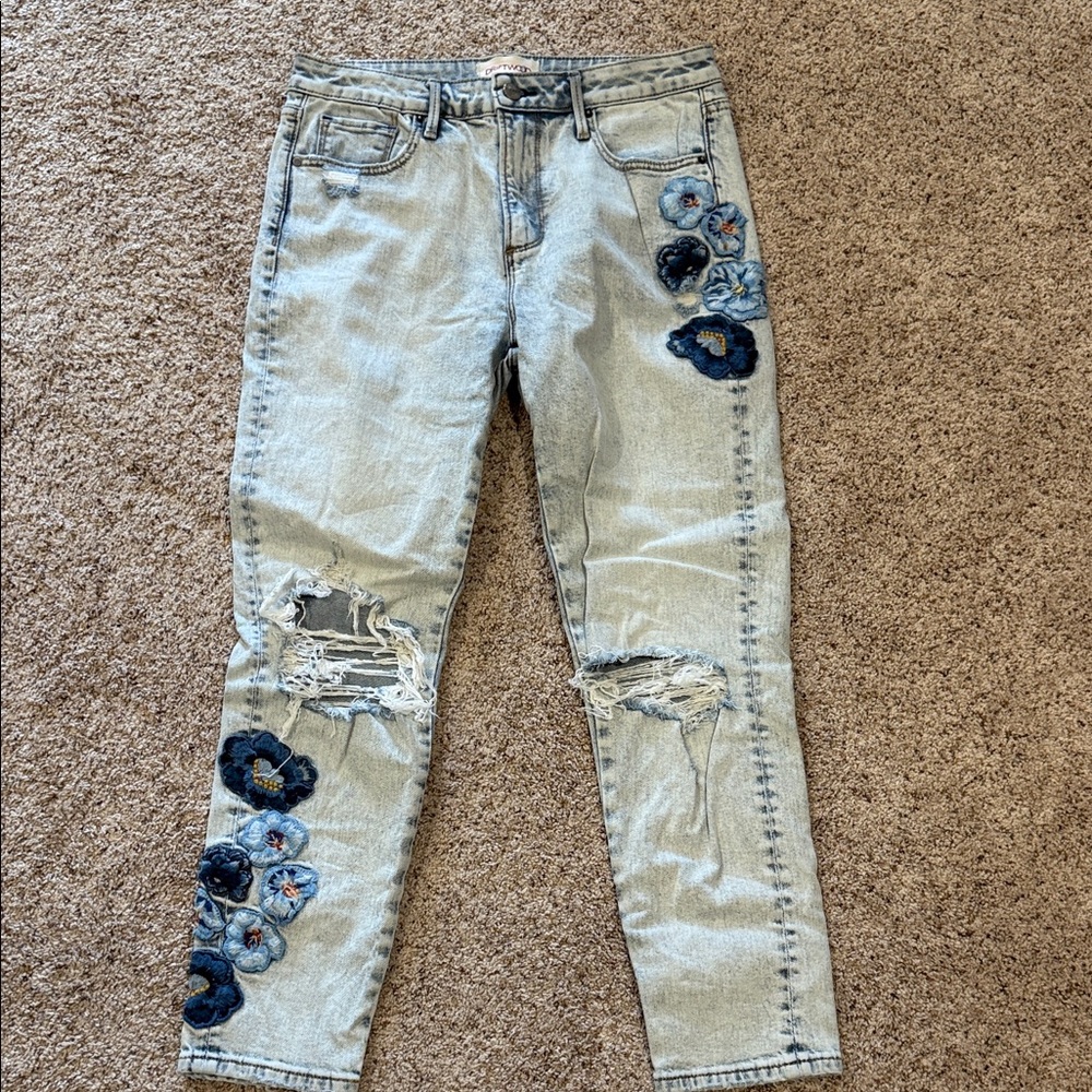 DRIFTWOOD Light Wash Denim Jeans with Blue Floral Embroidery